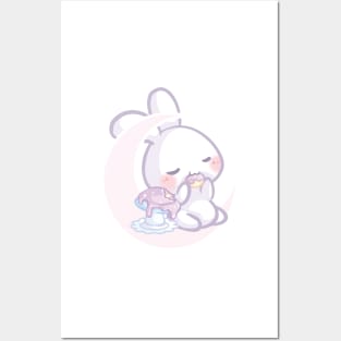 Bunny Sitting on the Moon Eating a Purple Mushroom Cake Posters and Art